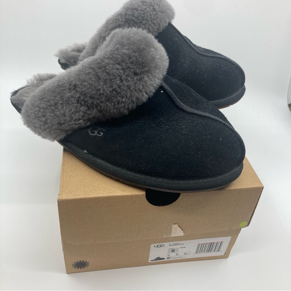 UGG Slippers shoes Scuffette Black gray Suede Wool Lined Slip On 6 as is
